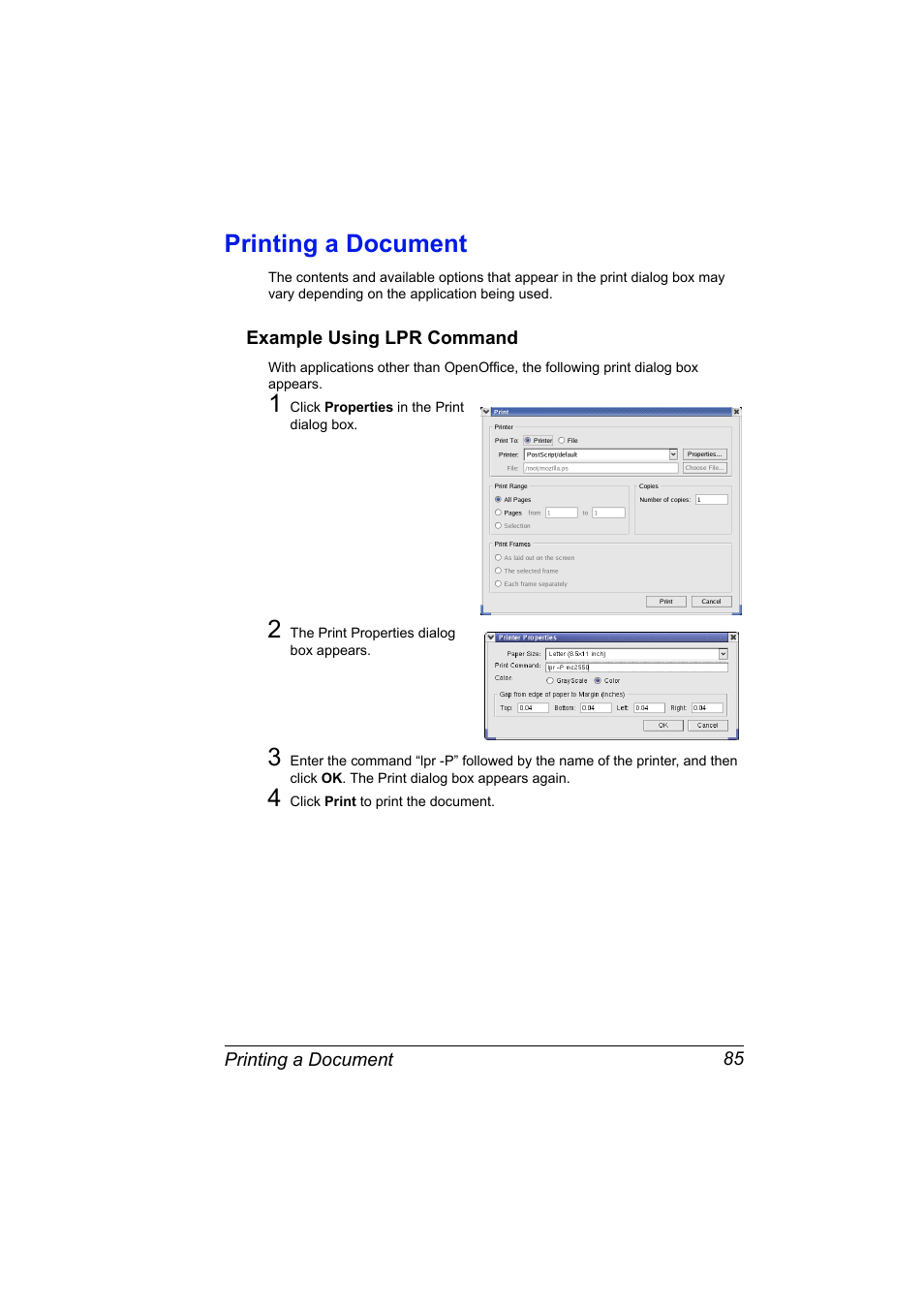 Printing a document, Example using lpr command, Printing a document 85 | Example using lpr command 85 | Konica Minolta Magicolor 2550 User Manual | Page 101 / 230