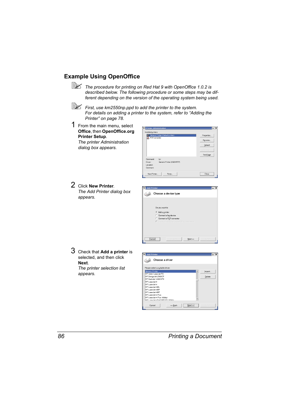 Example using openoffice, Example using openoffice 86 | Konica Minolta Magicolor 2550 User Manual | Page 102 / 230