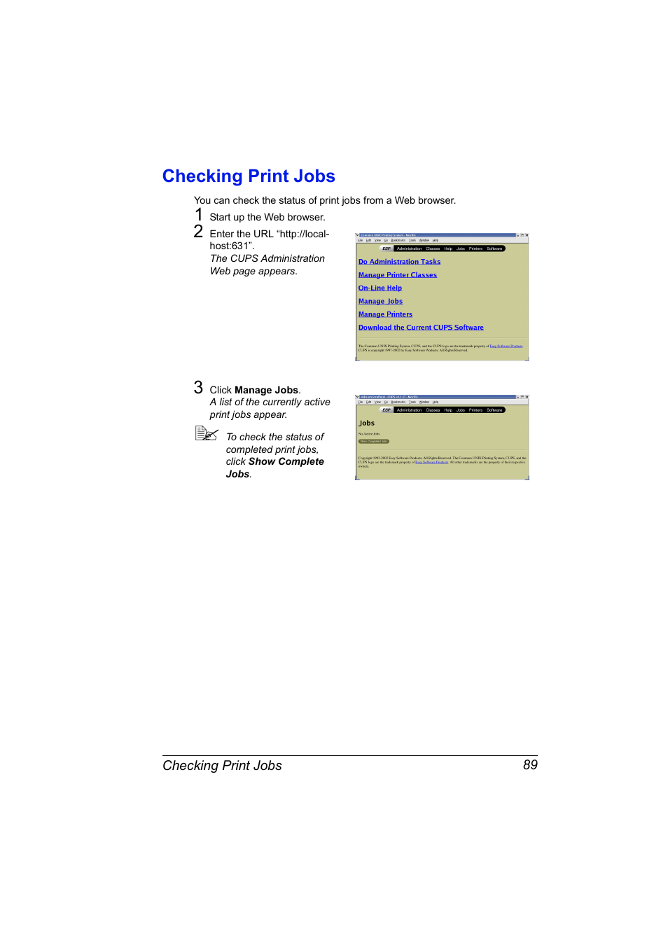 Checking print jobs, Checking print jobs 89 | Konica Minolta Magicolor 2550 User Manual | Page 105 / 230