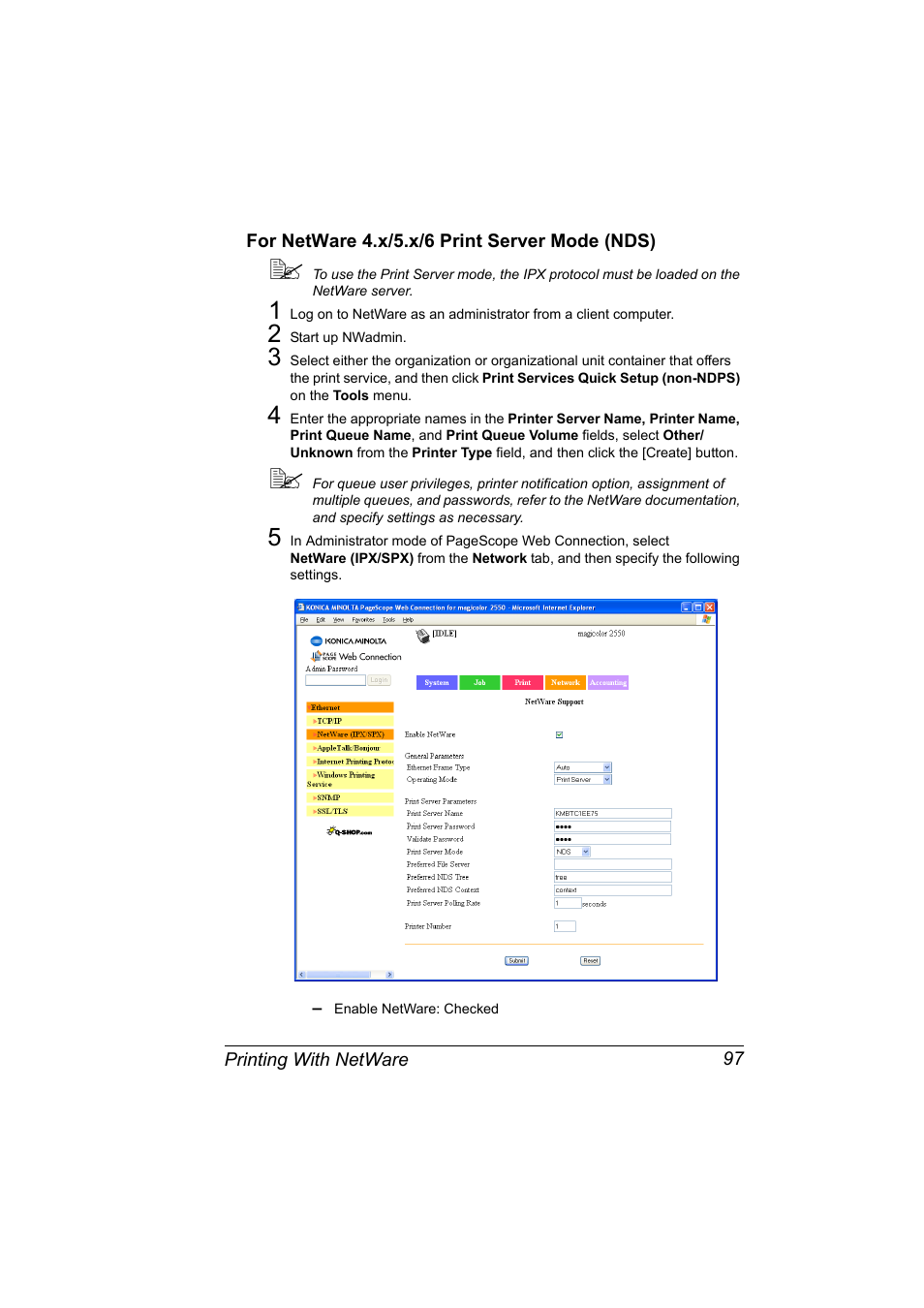 For netware 4.x/5.x/6 print server mode (nds), For netware 4.x/5.x/6 print server mode (nds) 97 | Konica Minolta Magicolor 2550 User Manual | Page 113 / 230