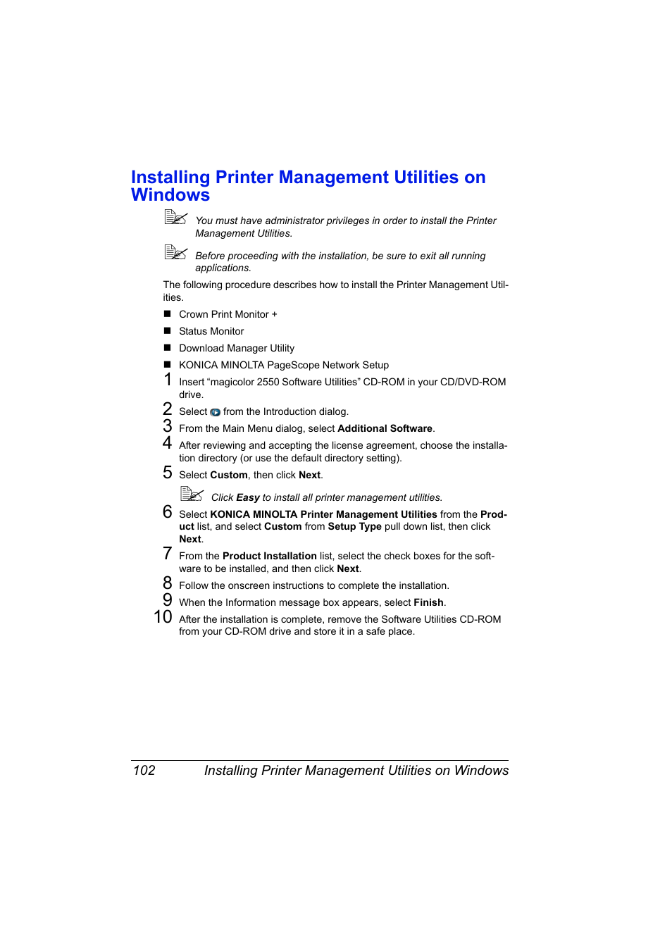 Installing printer management utilities on windows | Konica Minolta Magicolor 2550 User Manual | Page 118 / 230