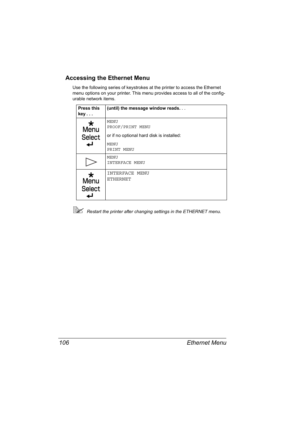 Accessing the ethernet menu, Accessing the ethernet menu 106 | Konica Minolta Magicolor 2550 User Manual | Page 122 / 230