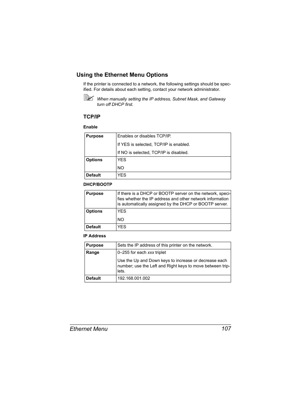 Using the ethernet menu options, Tcp/ip, Using the ethernet menu options 107 | Tcp/ip 107, Ethernet menu 107 using the ethernet menu options | Konica Minolta Magicolor 2550 User Manual | Page 123 / 230