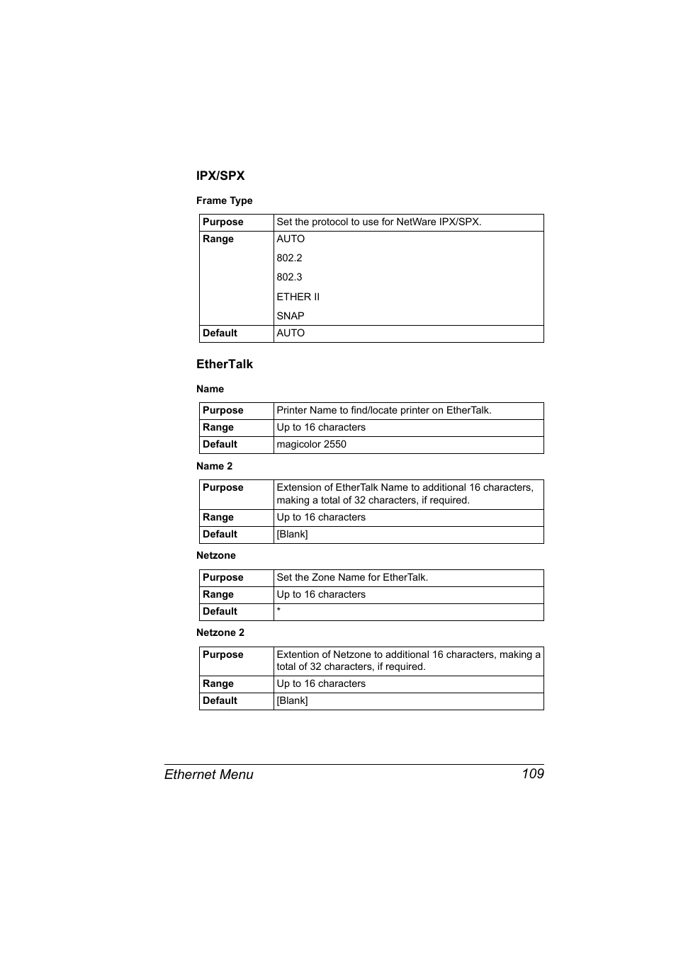 Ipx/spx, Ethertalk, Ipx/spx 109 ethertalk 109 | Ethernet menu 109 | Konica Minolta Magicolor 2550 User Manual | Page 125 / 230