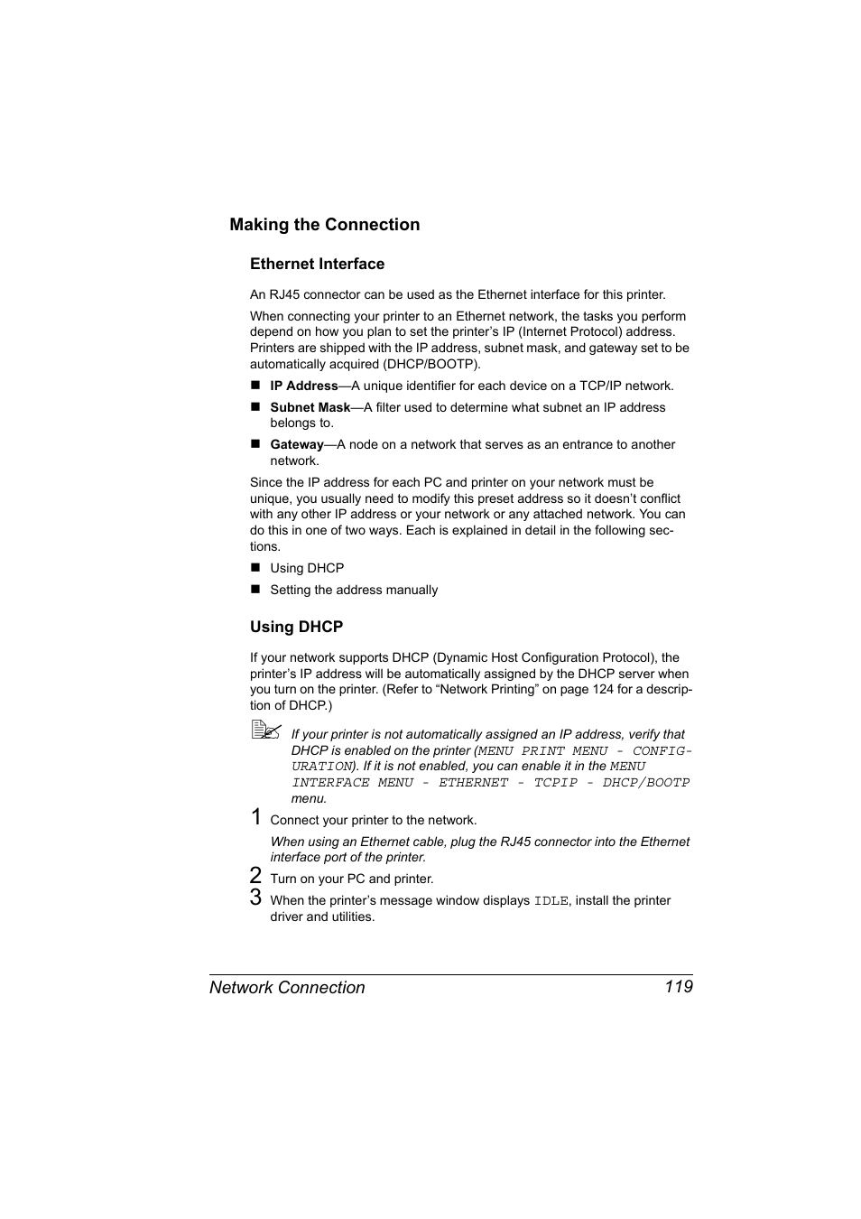 Making the connection, Ethernet interface, Using dhcp | Making the connection 119, Ethernet interface 119 using dhcp 119 | Konica Minolta Magicolor 2550 User Manual | Page 135 / 230