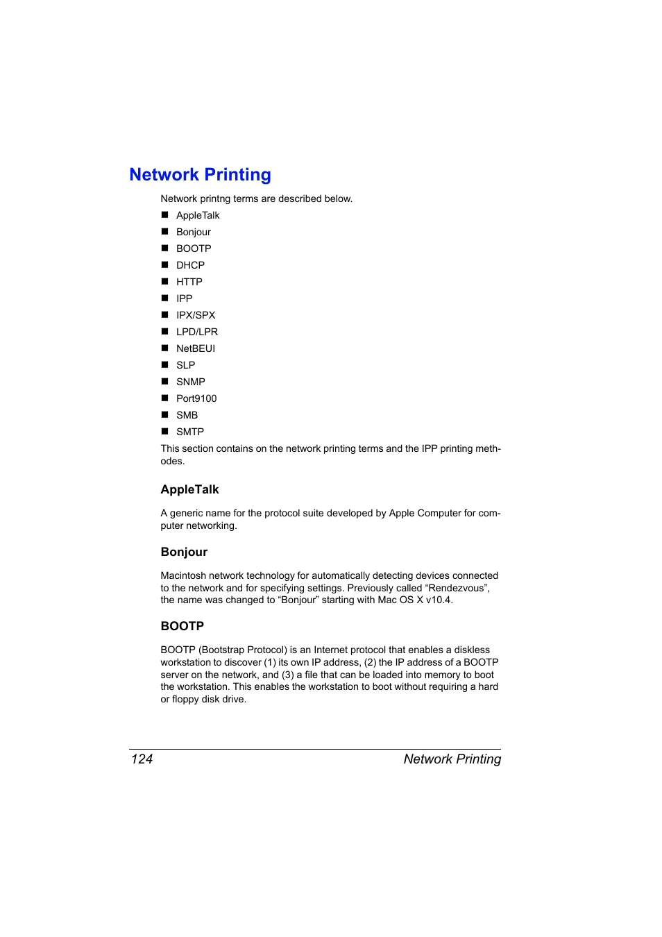 Network printing, Appletalk, Bonjour | Bootp, Network printing 124, Appletalk 124 bonjour 124 bootp 124 | Konica Minolta Magicolor 2550 User Manual | Page 140 / 230