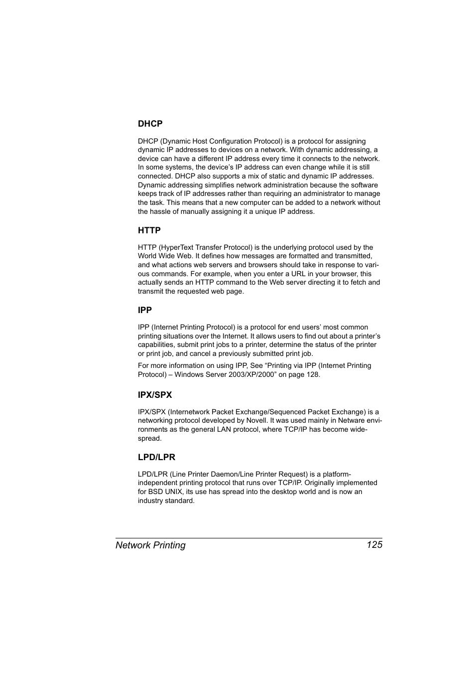 Dhcp, Http, Ipx/spx | Lpd/lpr, Dhcp 125 http 125 ipp 125 ipx/spx 125 lpd/lpr 125 | Konica Minolta Magicolor 2550 User Manual | Page 141 / 230