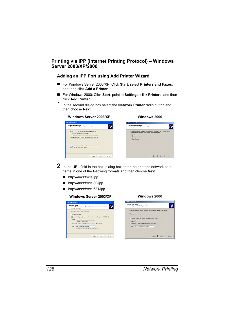 Adding an ipp port using add printer wizard, Adding an ipp port using add printer wizard 128 | Konica Minolta Magicolor 2550 User Manual | Page 144 / 230