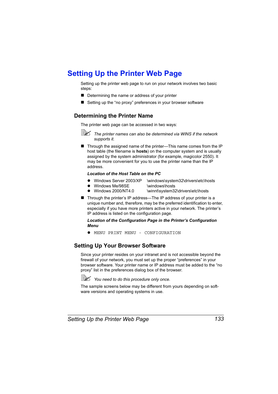 Determining the printer name, Setting up your browser software, Setting up the printer web page | Konica Minolta Magicolor 2550 User Manual | Page 149 / 230