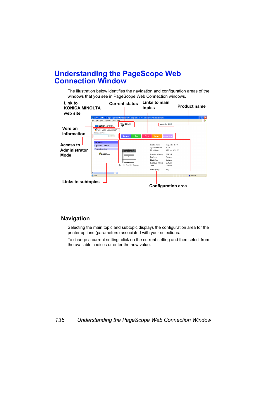 Navigation, Navigation 136, Understanding the pagescope web connection window | Konica Minolta Magicolor 2550 User Manual | Page 152 / 230