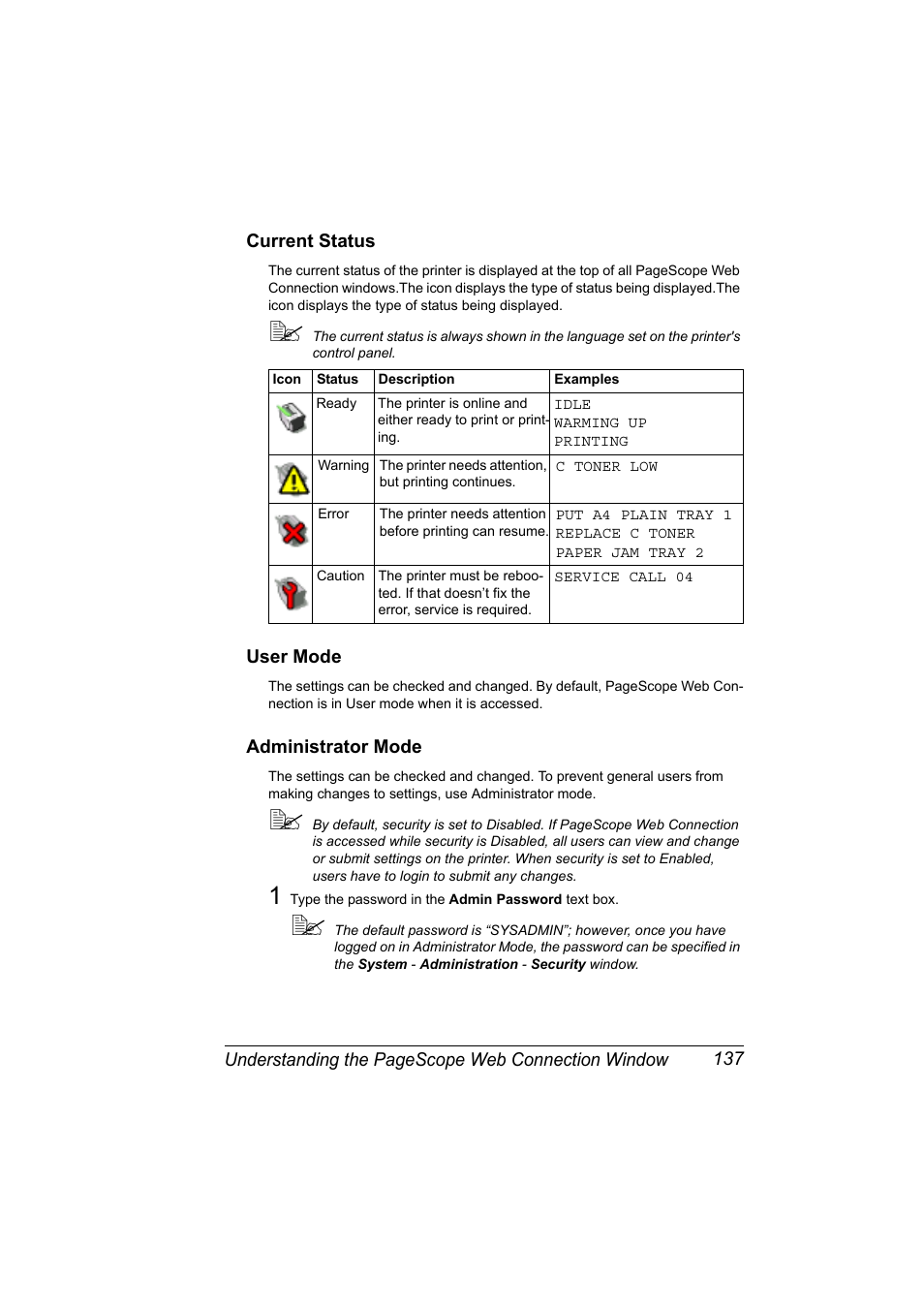 Current status, User mode, Administrator mode | Konica Minolta Magicolor 2550 User Manual | Page 153 / 230