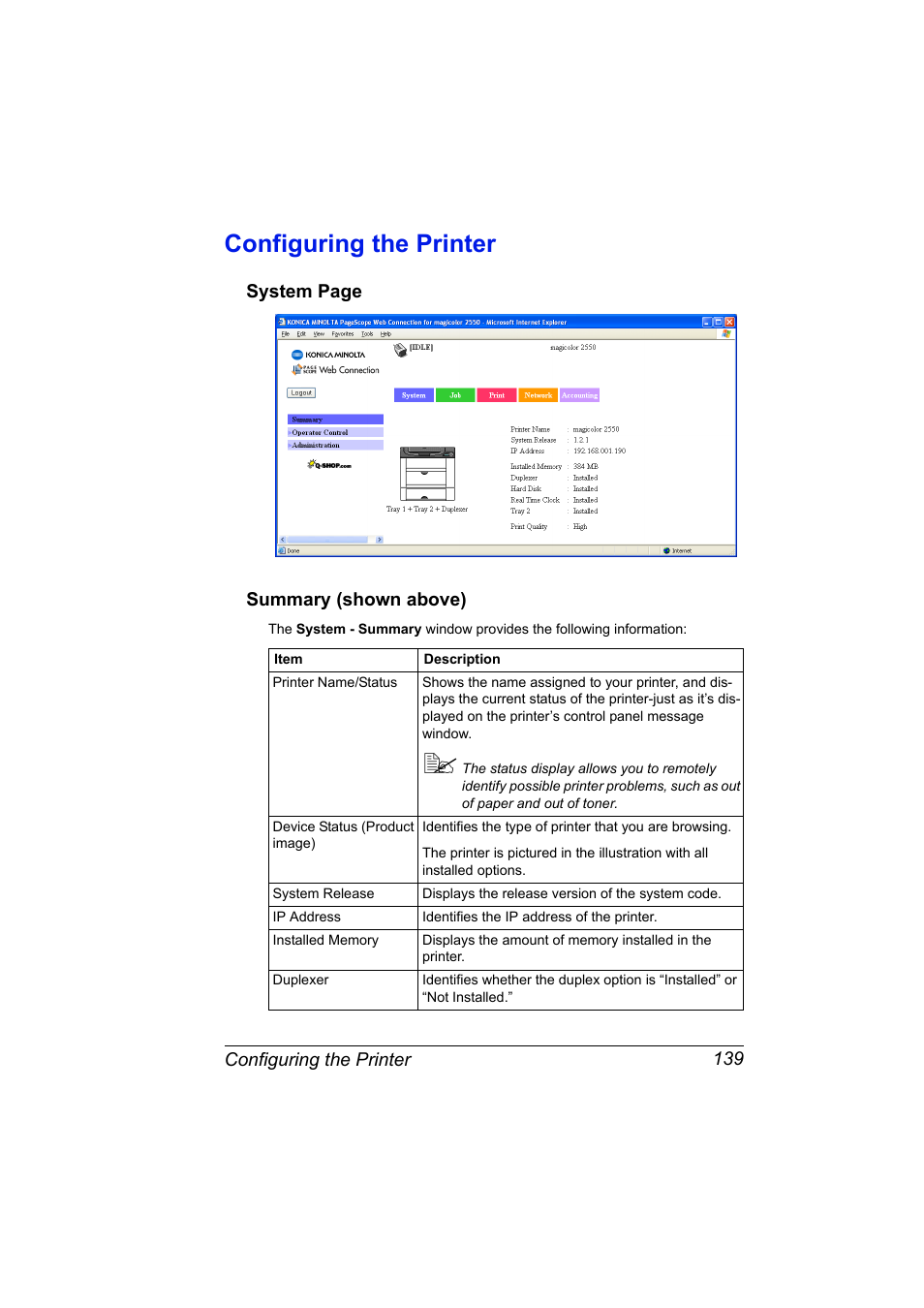 Configuring the printer, Summary (shown above), Configuring the printer 139 | Konica Minolta Magicolor 2550 User Manual | Page 155 / 230