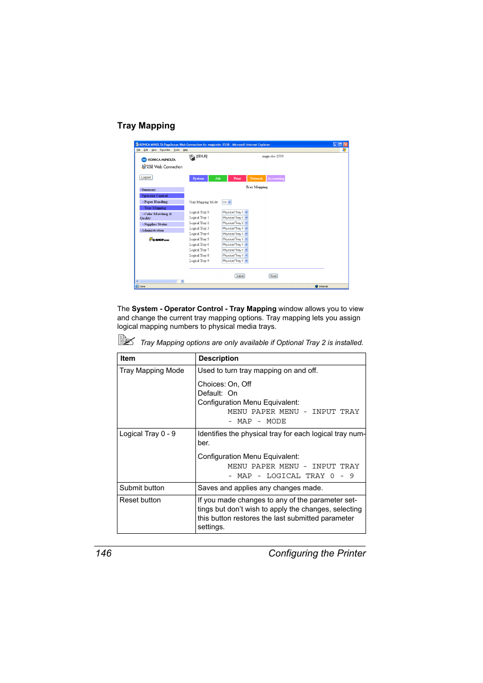 Tray mapping, Tray mapping 146, Configuring the printer 146 | Konica Minolta Magicolor 2550 User Manual | Page 162 / 230