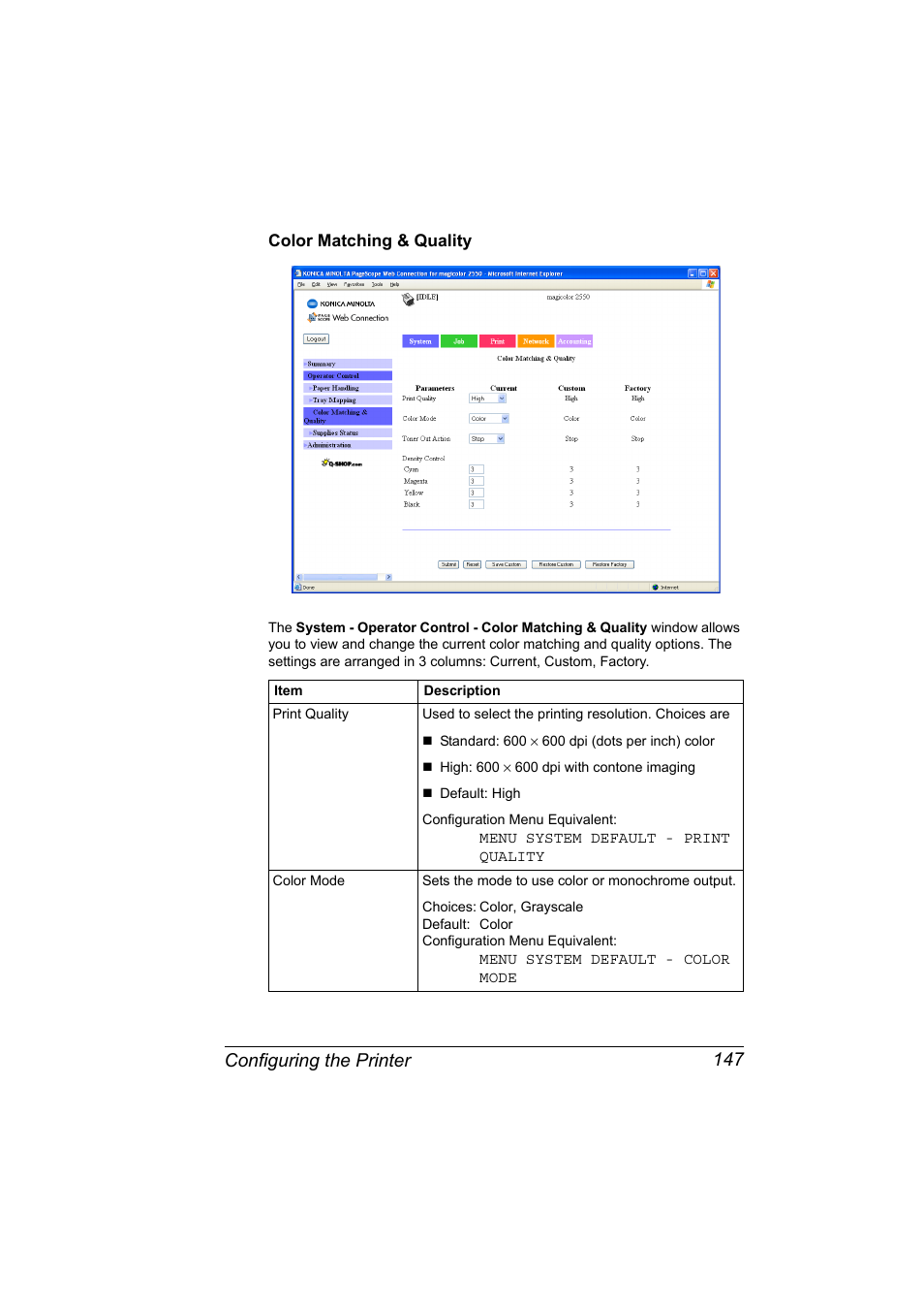 Color matching & quality, Color matching & quality 147, Configuring the printer 147 | Konica Minolta Magicolor 2550 User Manual | Page 163 / 230