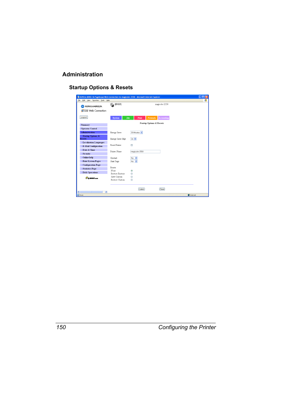 Administration, Startup options & resets, Administration 150 | Startup options & resets 150 | Konica Minolta Magicolor 2550 User Manual | Page 166 / 230