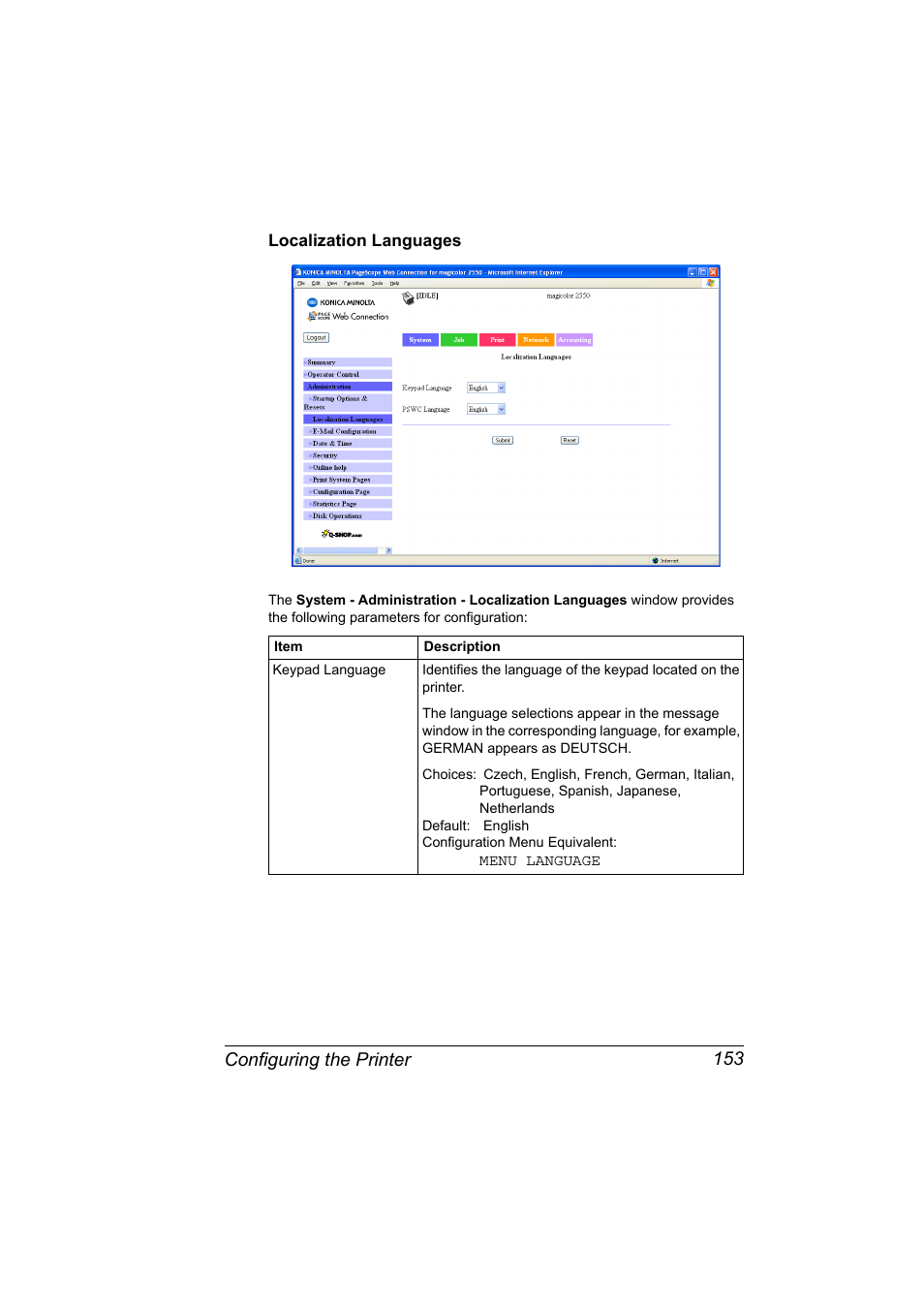 Localization languages, Localization languages 153, Configuring the printer 153 | Konica Minolta Magicolor 2550 User Manual | Page 169 / 230