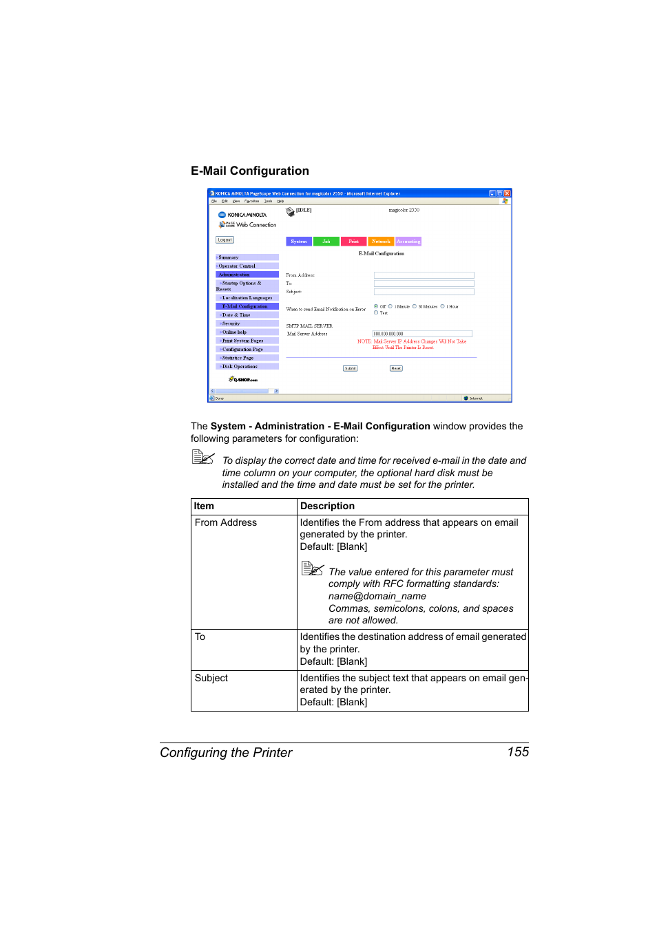 E-mail configuration, E-mail configuration 155 | Konica Minolta Magicolor 2550 User Manual | Page 171 / 230