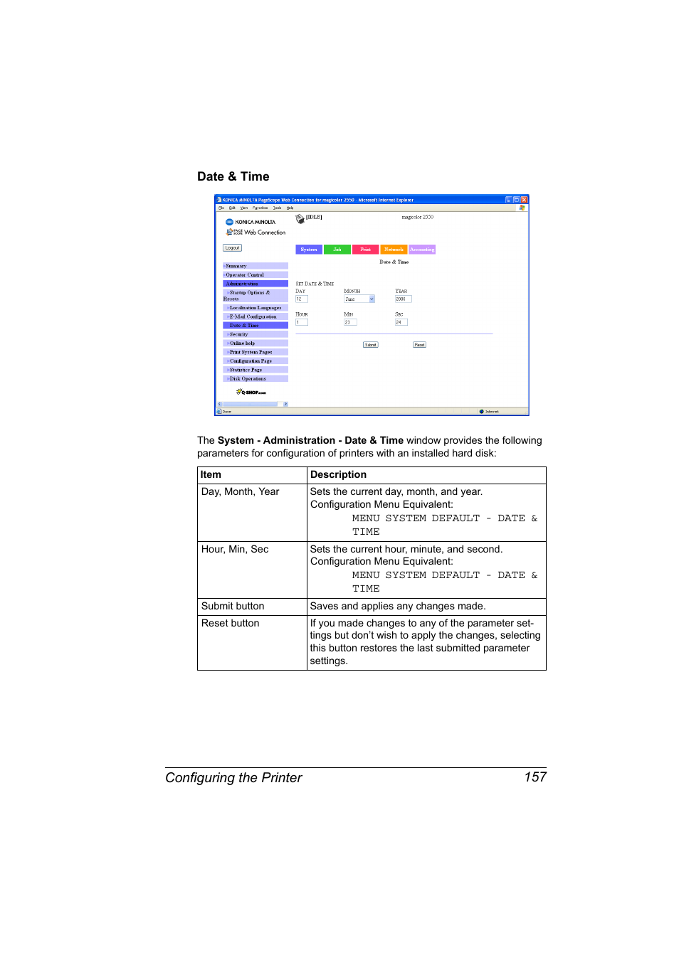 Date & time, Date & time 157, Configuring the printer 157 | Konica Minolta Magicolor 2550 User Manual | Page 173 / 230
