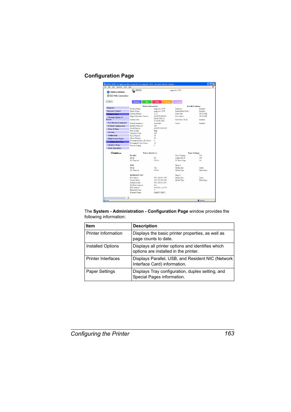 Configuring the printer 163 | Konica Minolta Magicolor 2550 User Manual | Page 179 / 230