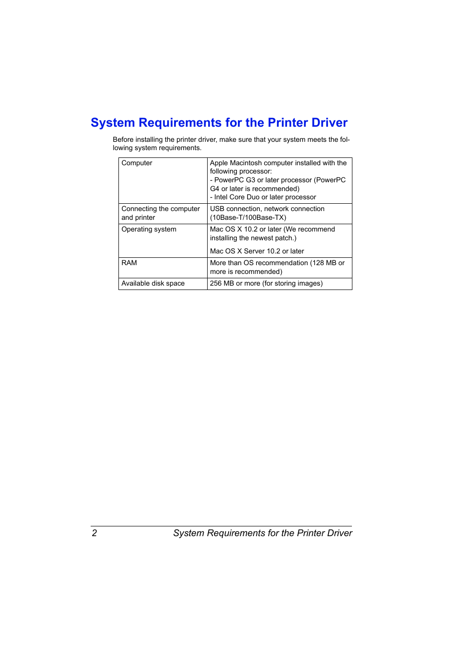 System requirements for the printer driver, System requirements for the printer driver 2 | Konica Minolta Magicolor 2550 User Manual | Page 18 / 230