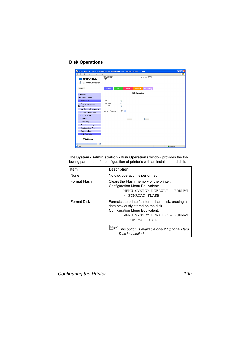 Disk operations, Disk operations 165 | Konica Minolta Magicolor 2550 User Manual | Page 181 / 230