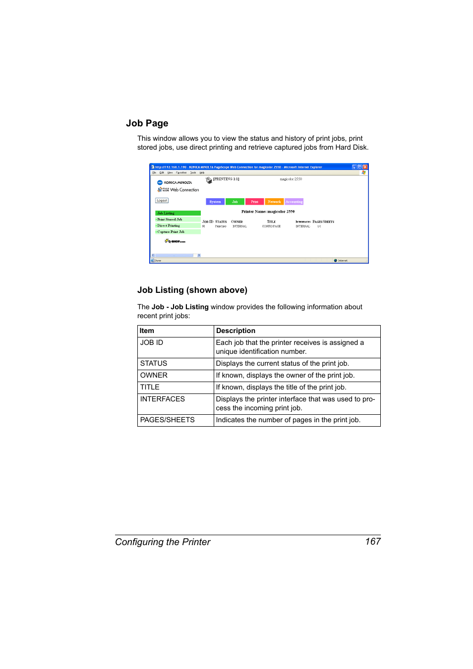 Job listing (shown above), Job listing (shown above) 167, Configuring the printer 167 job page | Konica Minolta Magicolor 2550 User Manual | Page 183 / 230