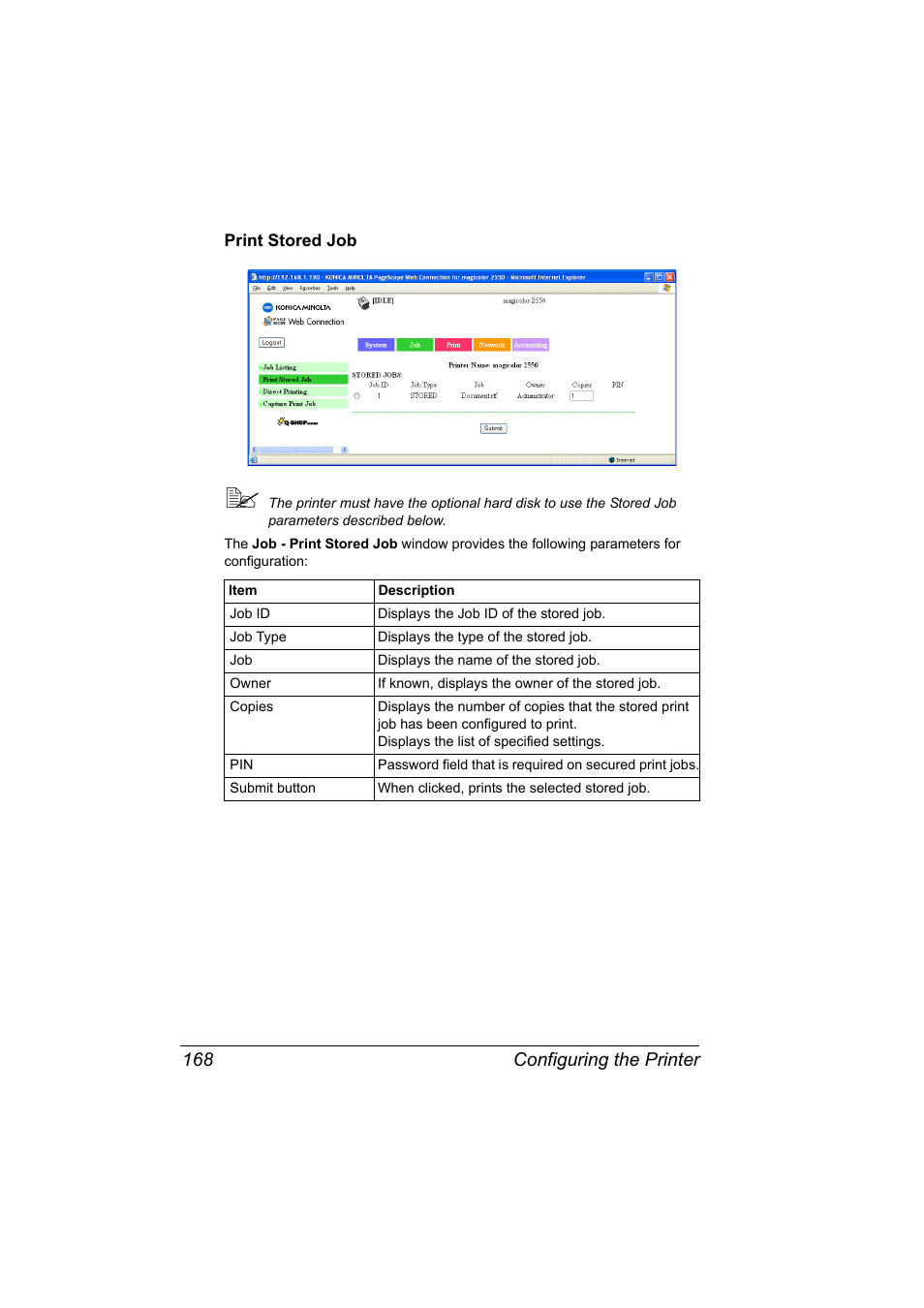 Print stored job, Print stored job 168, Configuring the printer 168 | Konica Minolta Magicolor 2550 User Manual | Page 184 / 230