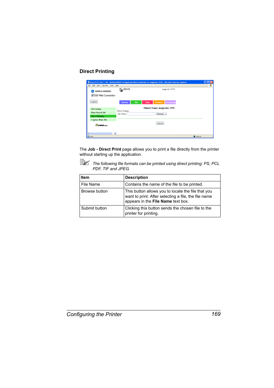 Direct printing, Direct printing 169 | Konica Minolta Magicolor 2550 User Manual | Page 185 / 230