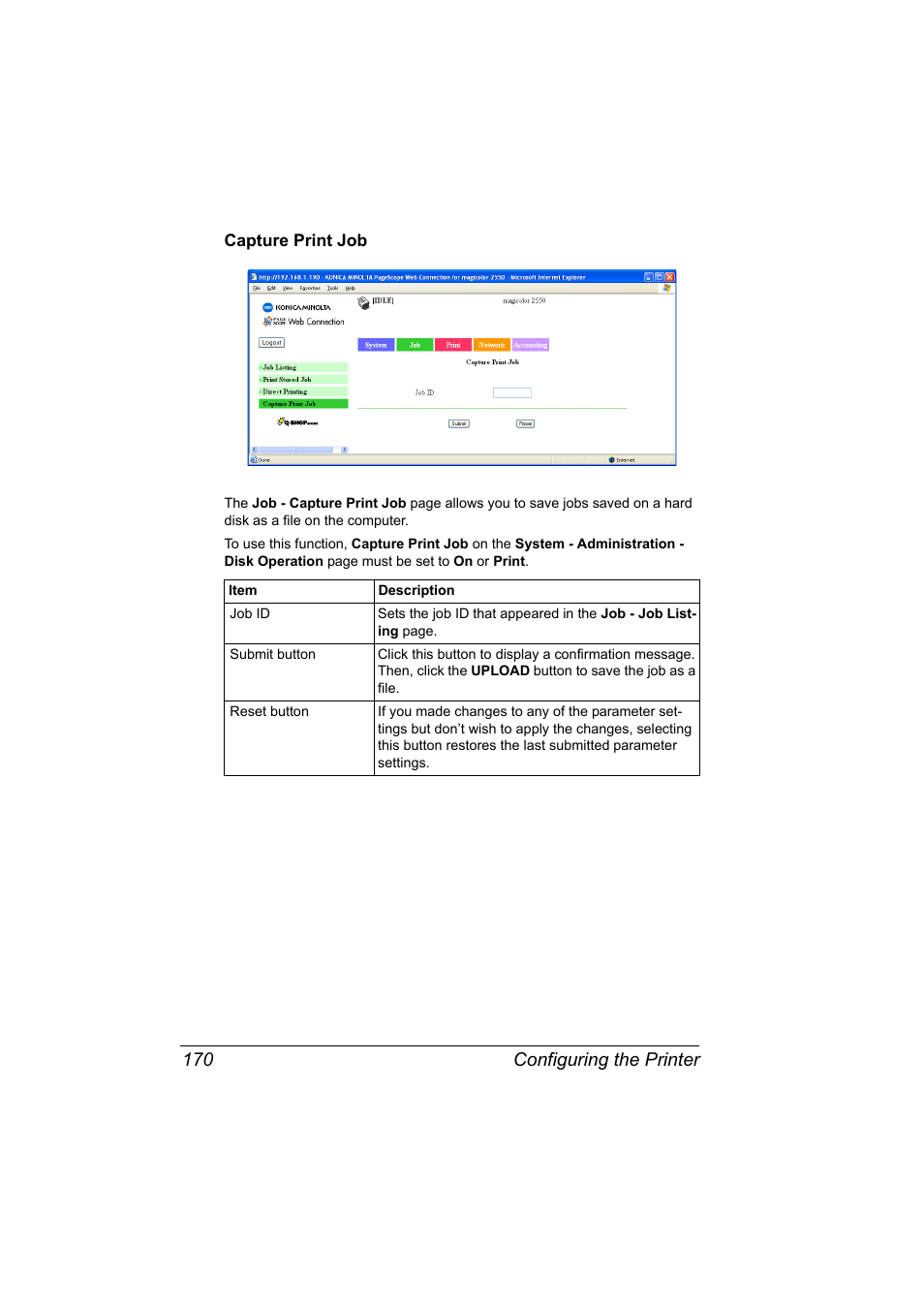 Capture print job, Capture print job 170, Configuring the printer 170 | Konica Minolta Magicolor 2550 User Manual | Page 186 / 230