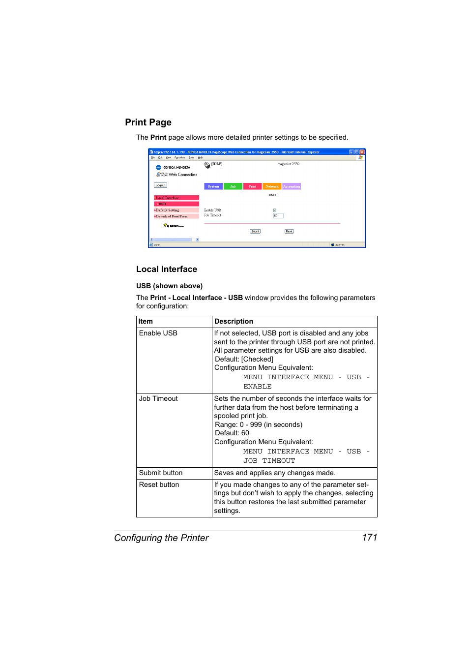 Local interface, Local interface 171, Configuring the printer 171 print page | Konica Minolta Magicolor 2550 User Manual | Page 187 / 230