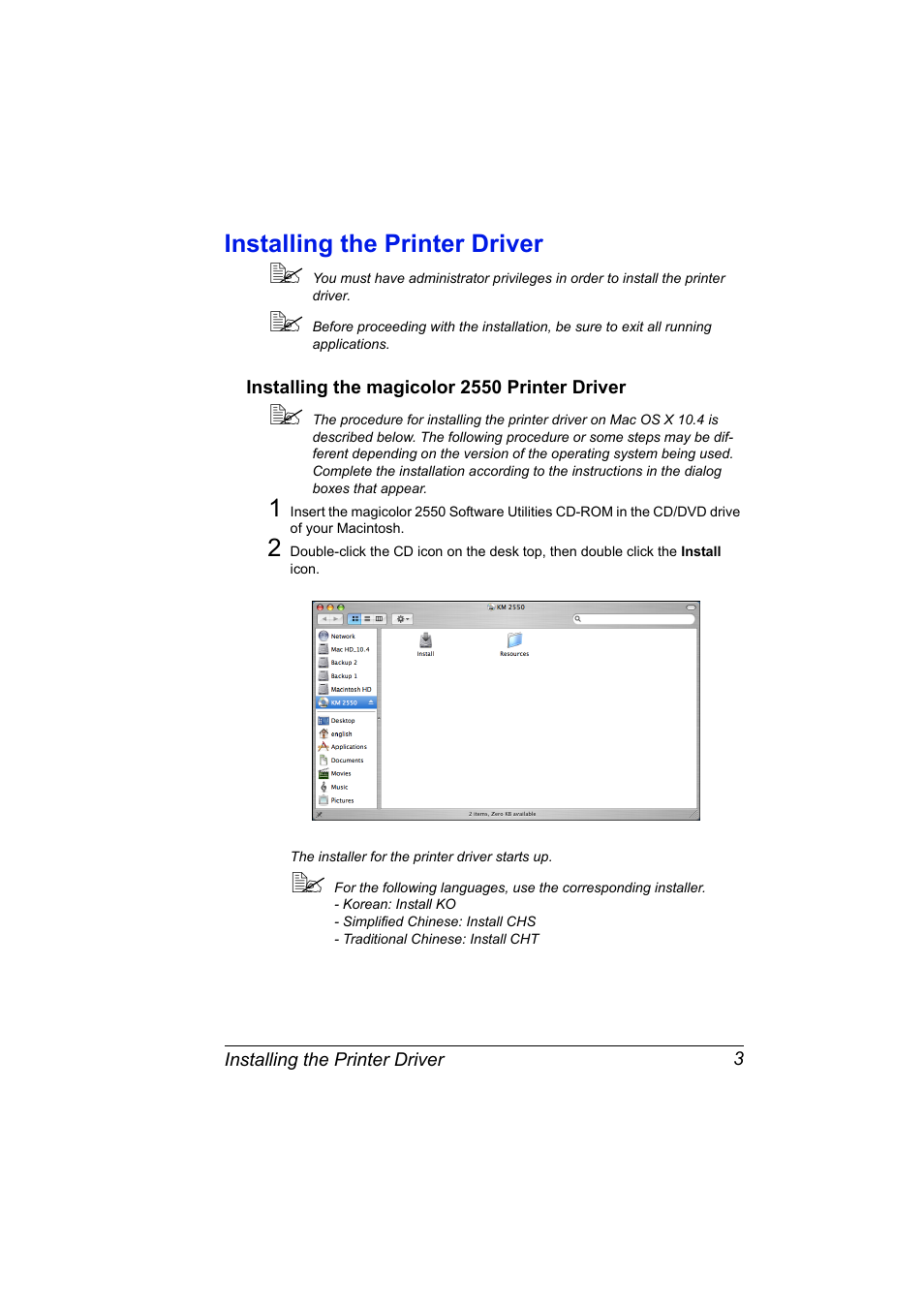 Installing the printer driver, Installing the magicolor 2550 printer driver, Installing the printer driver 3 | Installing the magicolor 2550 printer driver 3 | Konica Minolta Magicolor 2550 User Manual | Page 19 / 230