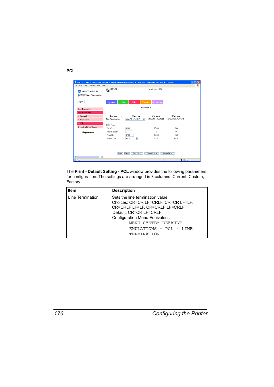 Configuring the printer 176 | Konica Minolta Magicolor 2550 User Manual | Page 192 / 230