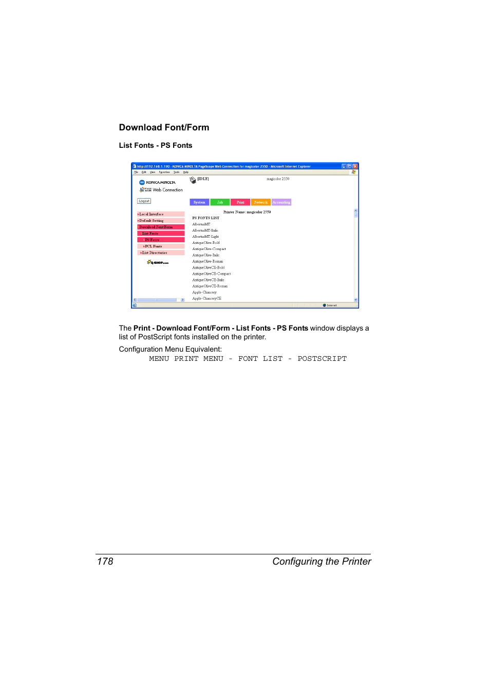 Download font/form, Download font/form 178 | Konica Minolta Magicolor 2550 User Manual | Page 194 / 230