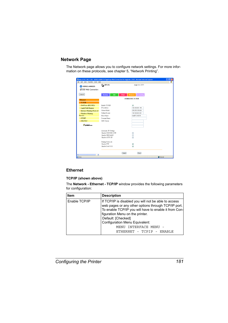 Ethernet, Ethernet 181, Configuring the printer 181 network page | Konica Minolta Magicolor 2550 User Manual | Page 197 / 230