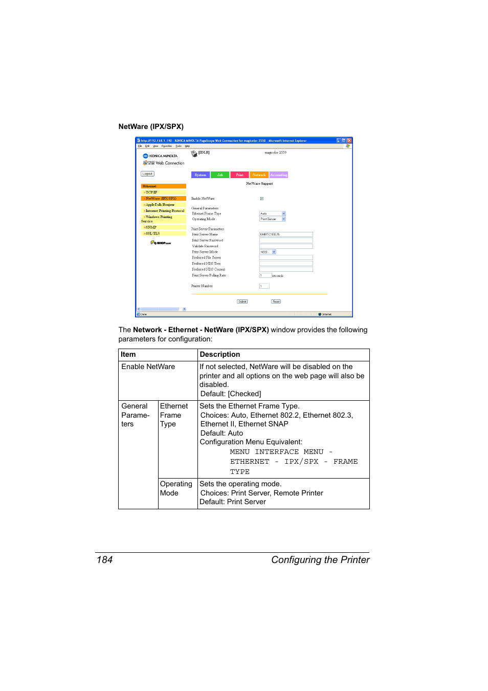 Configuring the printer 184 | Konica Minolta Magicolor 2550 User Manual | Page 200 / 230