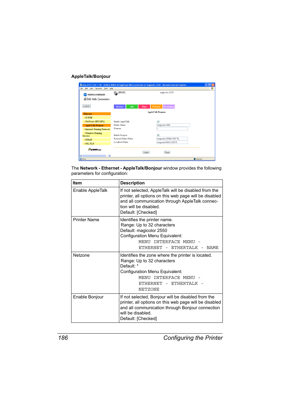 Configuring the printer 186 | Konica Minolta Magicolor 2550 User Manual | Page 202 / 230