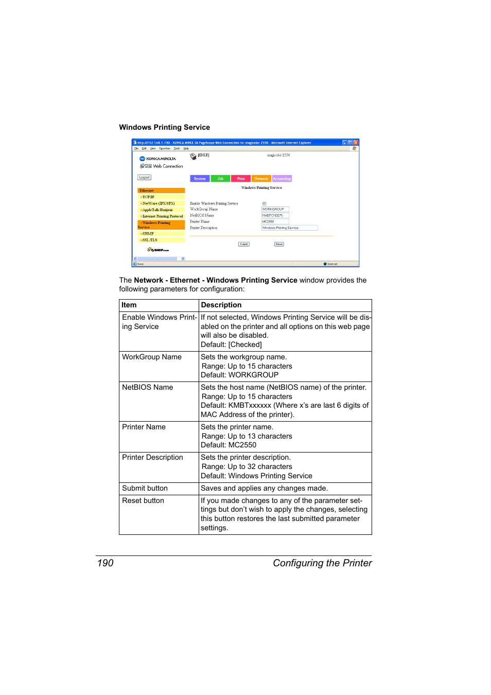 Configuring the printer 190 | Konica Minolta Magicolor 2550 User Manual | Page 206 / 230