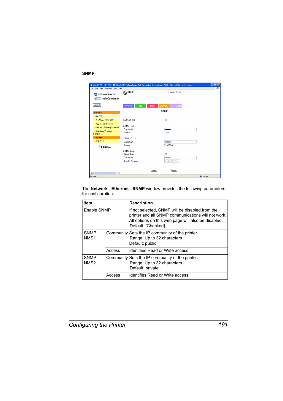 Configuring the printer 191 | Konica Minolta Magicolor 2550 User Manual | Page 207 / 230