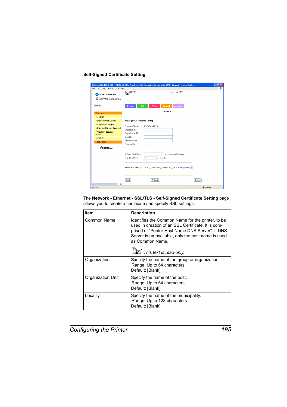 Configuring the printer 195 | Konica Minolta Magicolor 2550 User Manual | Page 211 / 230