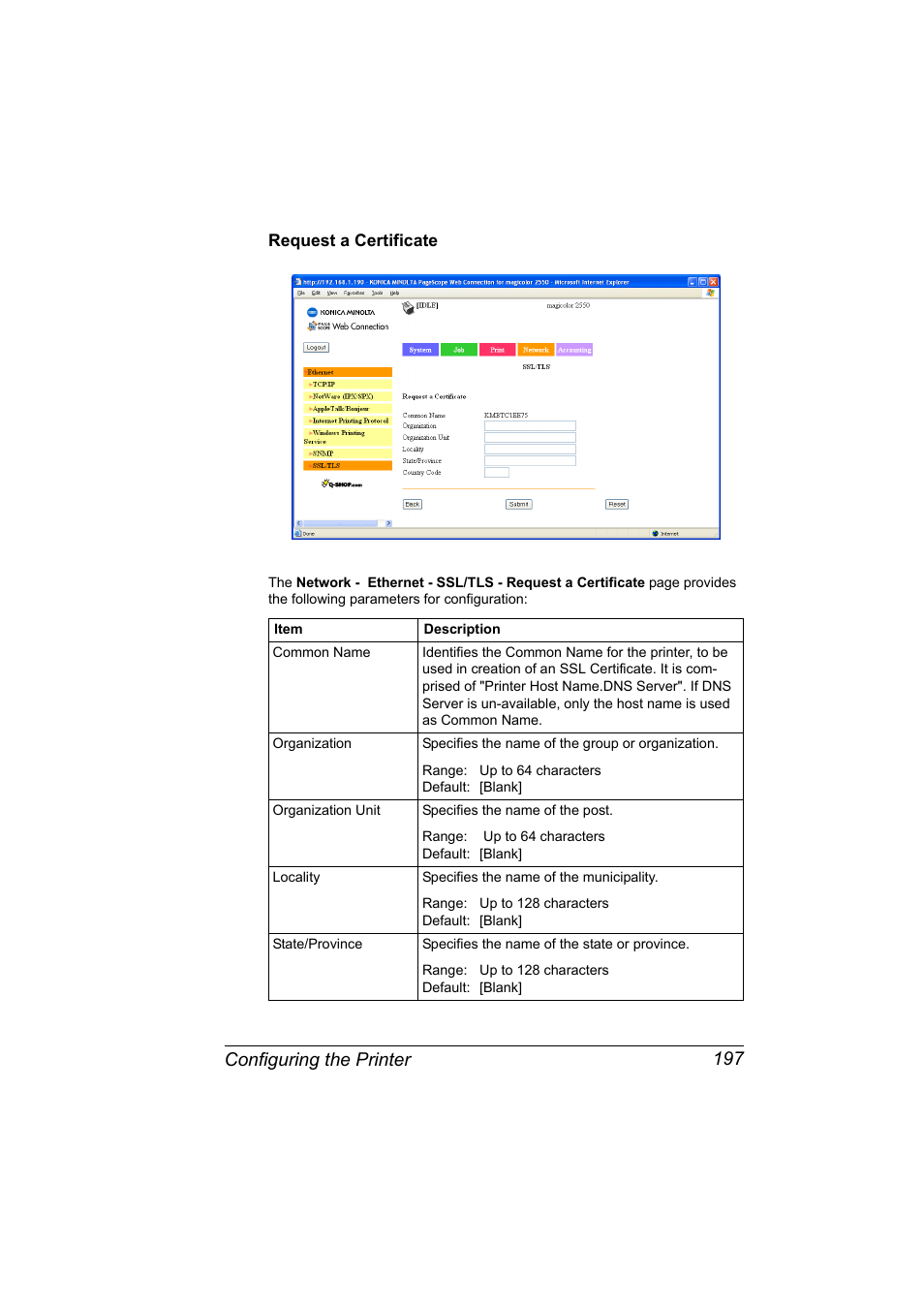 Request a certificate, Request a certificate 197, Configuring the printer 197 | Konica Minolta Magicolor 2550 User Manual | Page 213 / 230