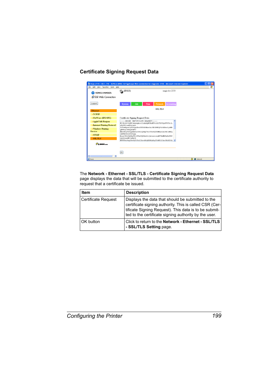 Certificate signing request data, Certificate signing request data 199, Configuring the printer 199 | Konica Minolta Magicolor 2550 User Manual | Page 215 / 230