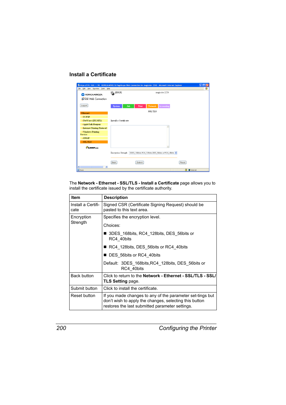 Install a certificate, Install a certificate 200, Configuring the printer 200 | Konica Minolta Magicolor 2550 User Manual | Page 216 / 230
