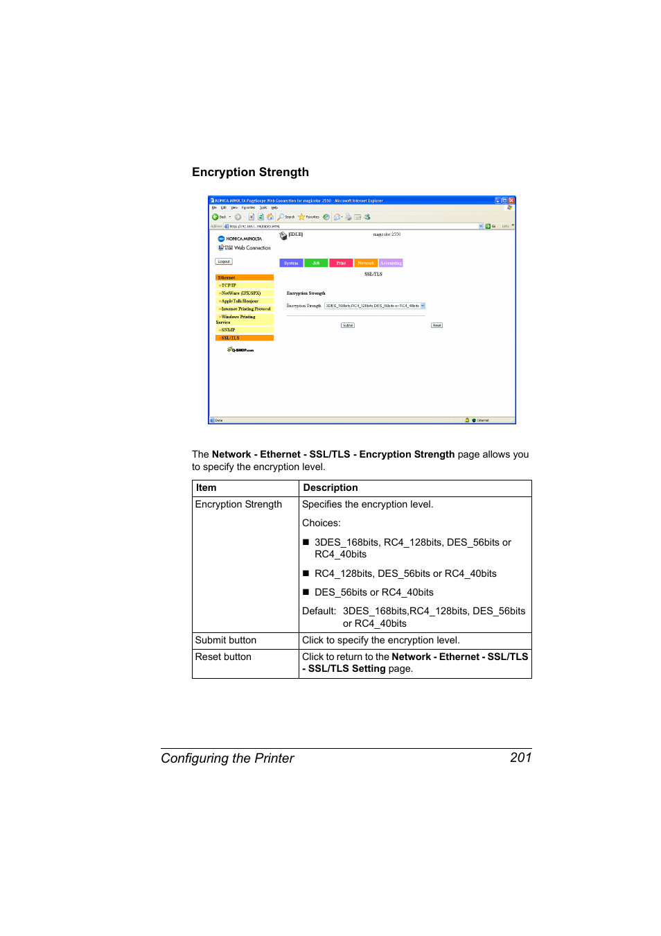 Encryption strength, Encryption strength 201, Configuring the printer 201 | Konica Minolta Magicolor 2550 User Manual | Page 217 / 230