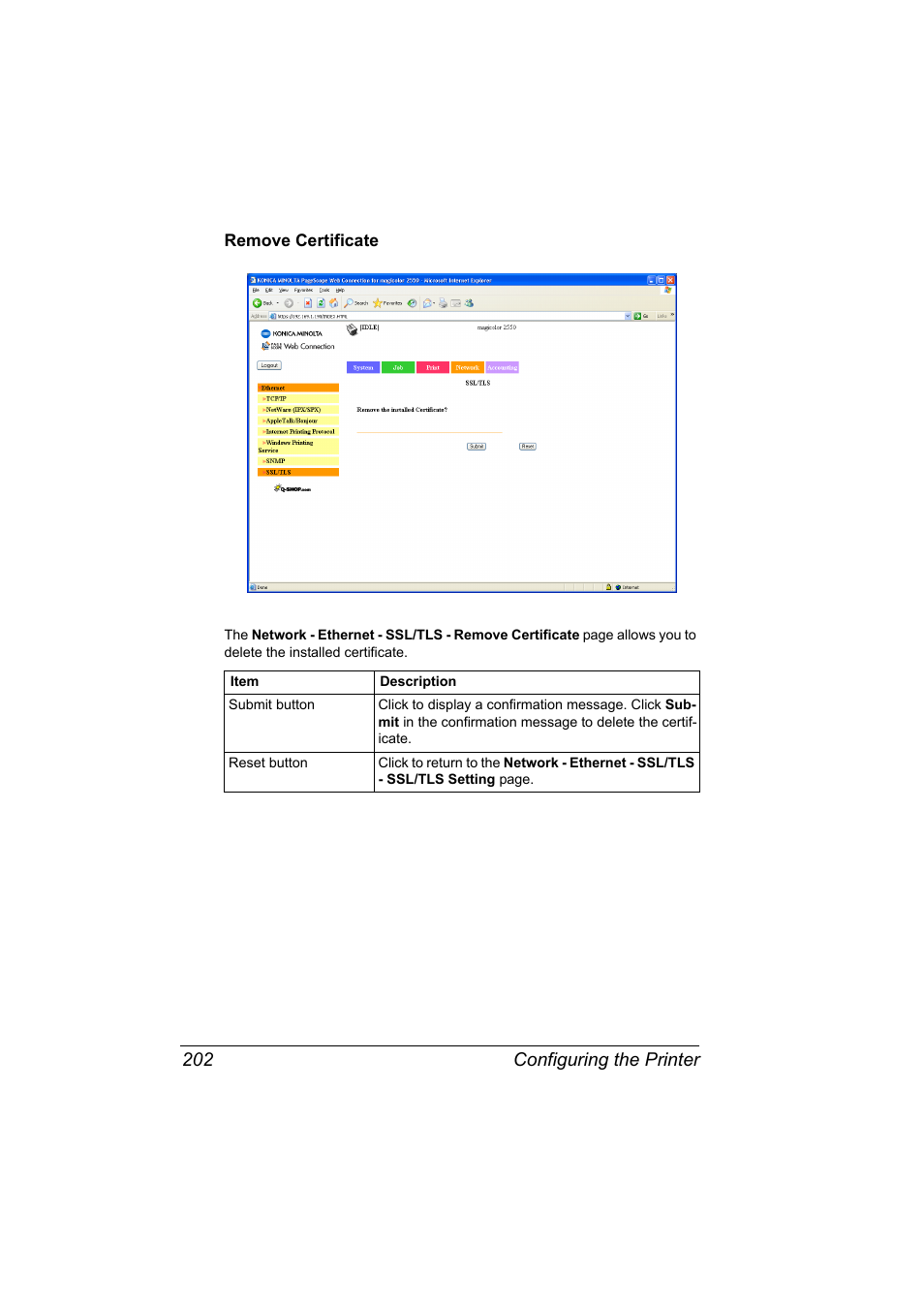 Remove certificate, Remove certificate 202, Configuring the printer 202 | Konica Minolta Magicolor 2550 User Manual | Page 218 / 230