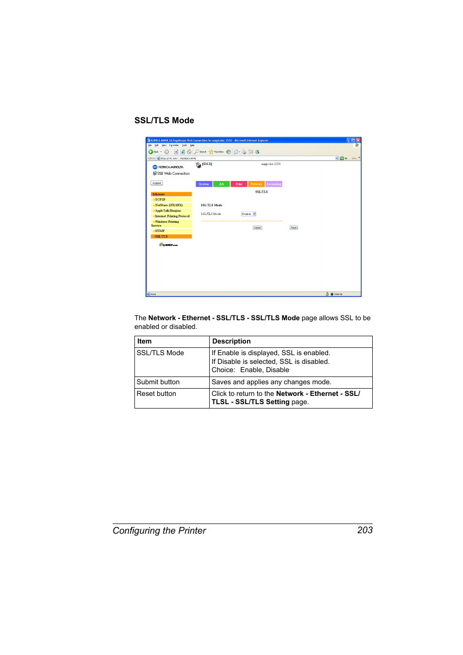 Ssl/tls mode, Ssl/tls mode 203, Configuring the printer 203 | Konica Minolta Magicolor 2550 User Manual | Page 219 / 230