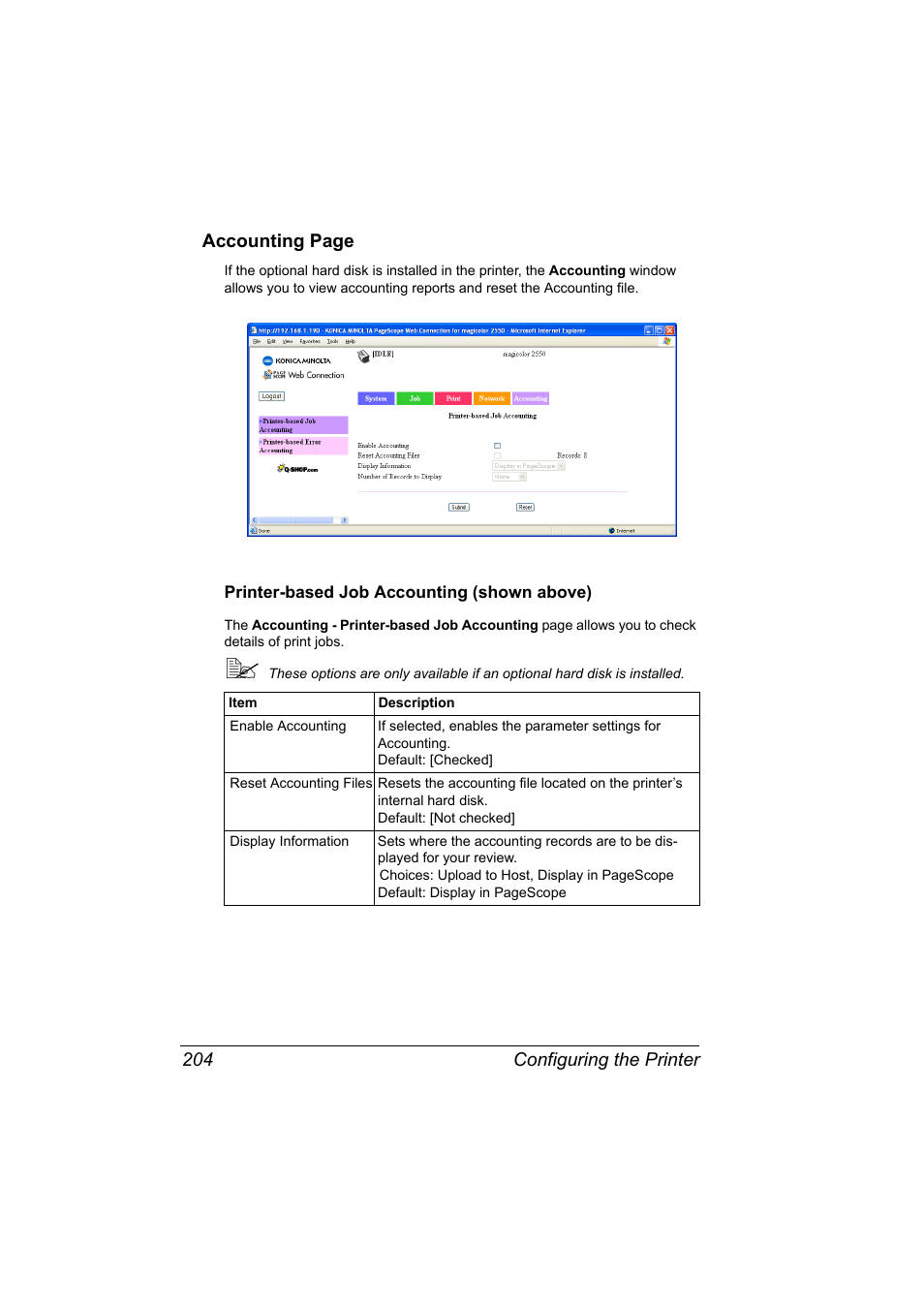 Printer-based job accounting (shown above), Printer-based job accounting (shown above) 204 | Konica Minolta Magicolor 2550 User Manual | Page 220 / 230