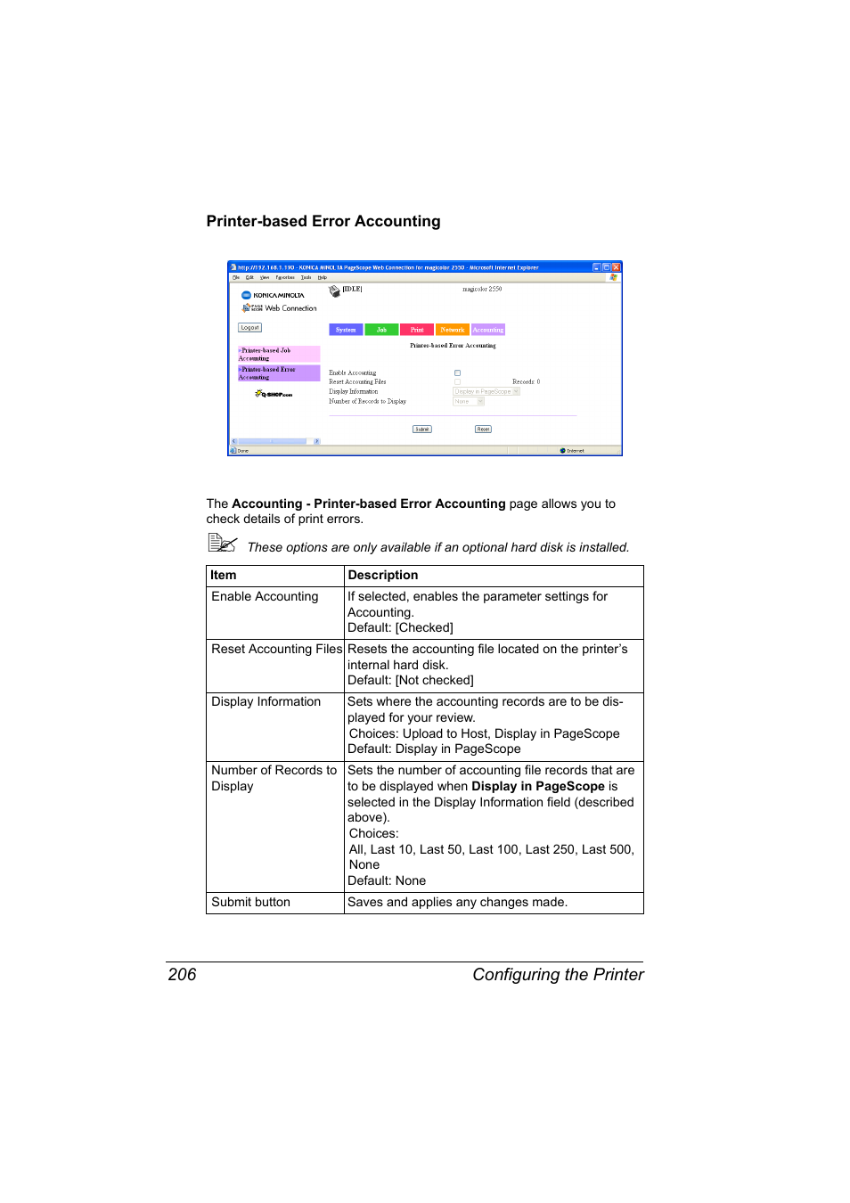 Printer-based error accounting, Printer-based error accounting 206, Configuring the printer 206 | Konica Minolta Magicolor 2550 User Manual | Page 222 / 230