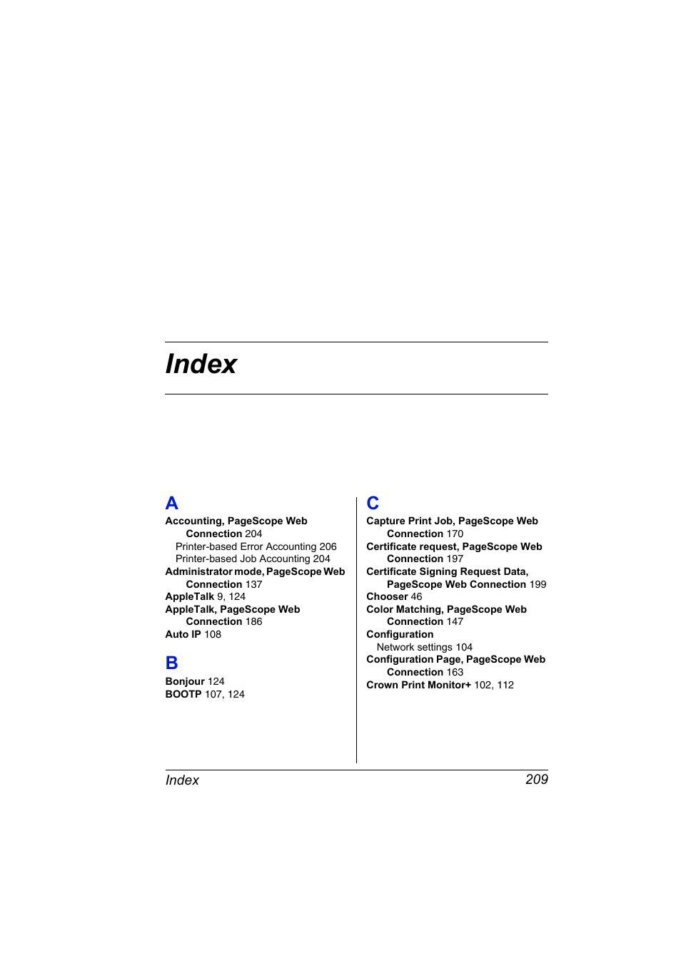 Index, A to c | Konica Minolta Magicolor 2550 User Manual | Page 225 / 230