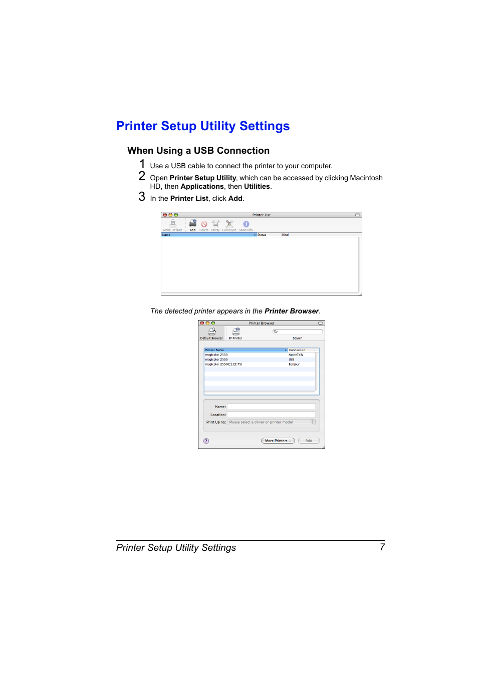 Printer setup utility settings, When using a usb connection, Printer setup utility settings 7 | When using a usb connection 7 | Konica Minolta Magicolor 2550 User Manual | Page 23 / 230