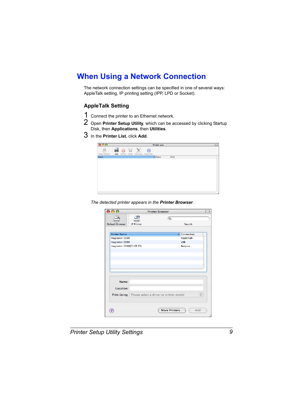 When using a network connection, Appletalk setting, When using a network connection 9 | Appletalk setting 9 | Konica Minolta Magicolor 2550 User Manual | Page 25 / 230